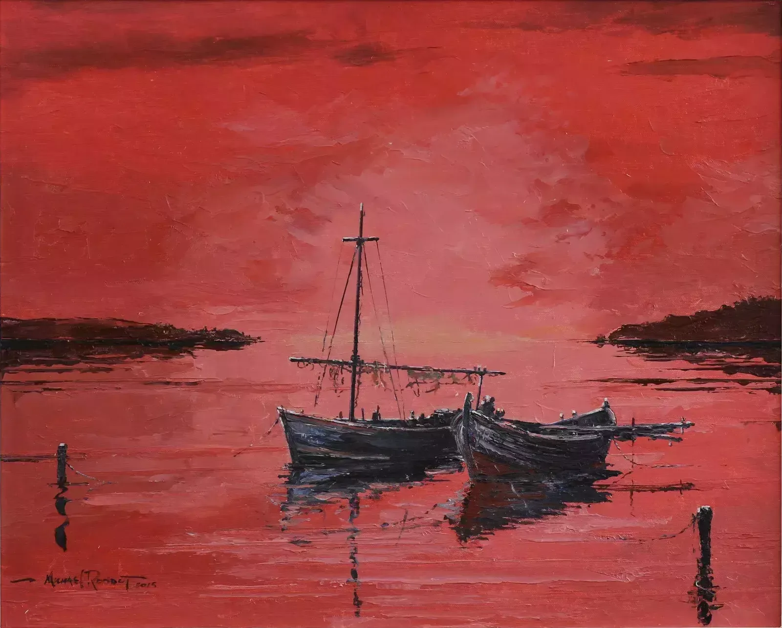 Original Oil Painting By Michael Rondot. Titled "Red Sunset Boats" photo furniture