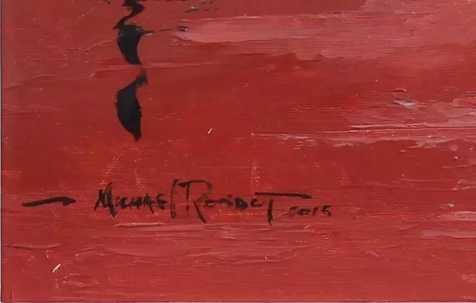 Original Oil Painting By Michael Rondot. Titled "Red Sunset Boats" photo for sale