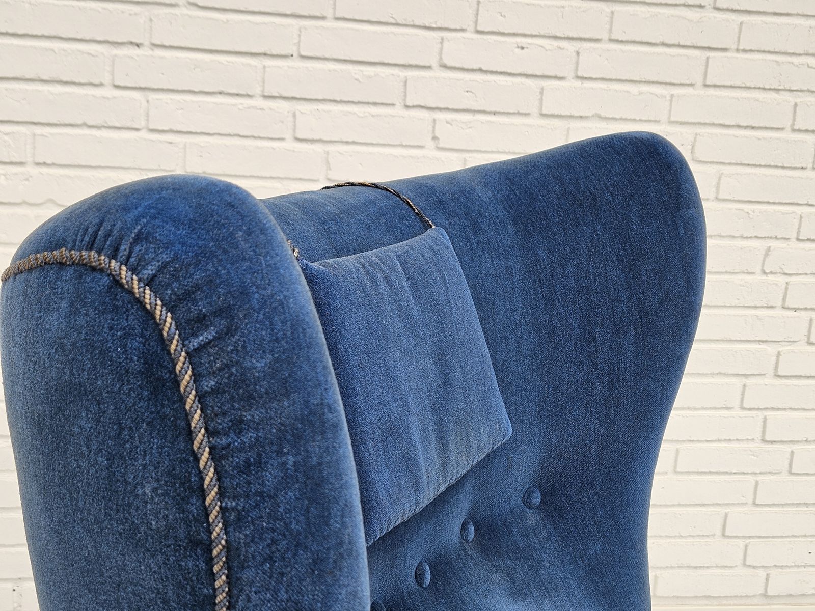 1960s, Danish Highback Relax Armchair, Original Condition, Blue Furniture Velour. photo 1950.0