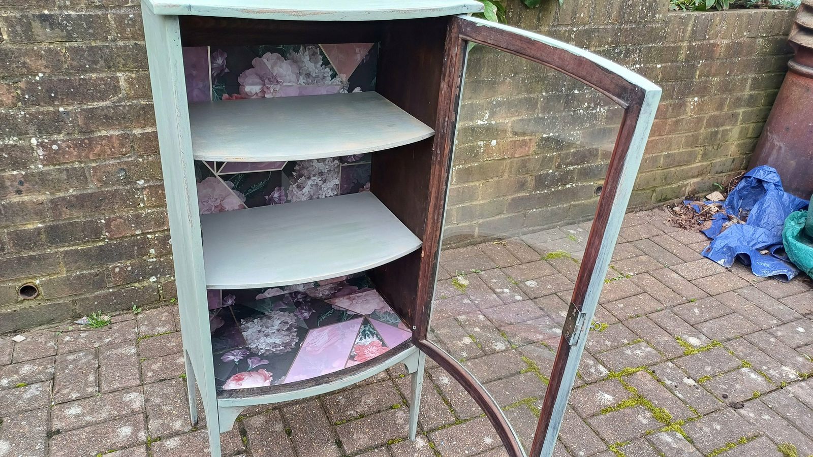 Unique Vintage Victorian Painted Display Cupboard Green With Mirror Top And Interior Decoupage. photo vintage