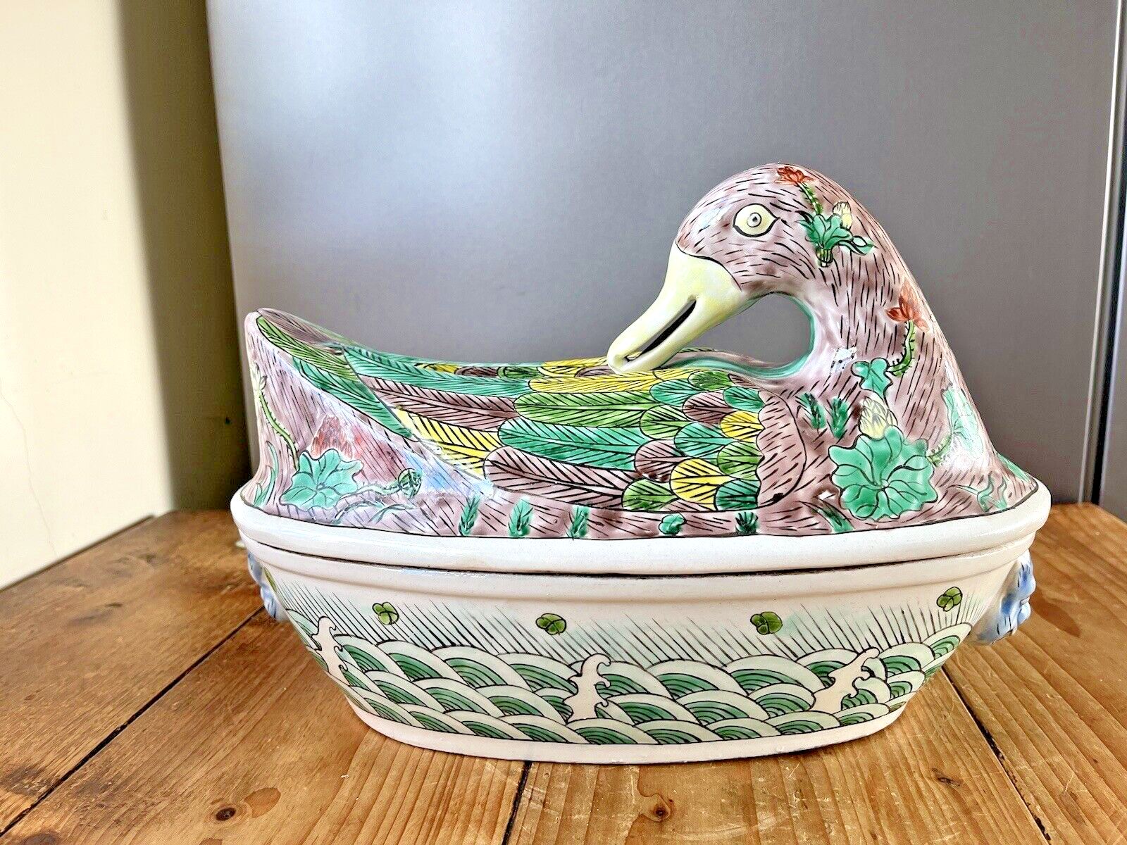 Large Chinese Porcelain Famille Verte Duck On Nest Lidded Tureen Foo Dog Dragon photo Art