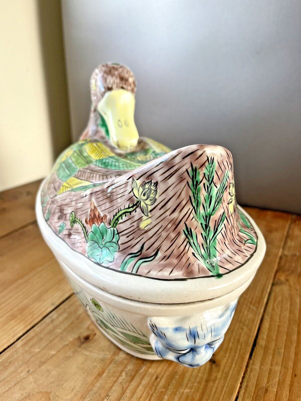 Large Chinese Porcelain Famille Verte Duck On Nest Lidded Tureen Foo Dog Dragon photo vintage