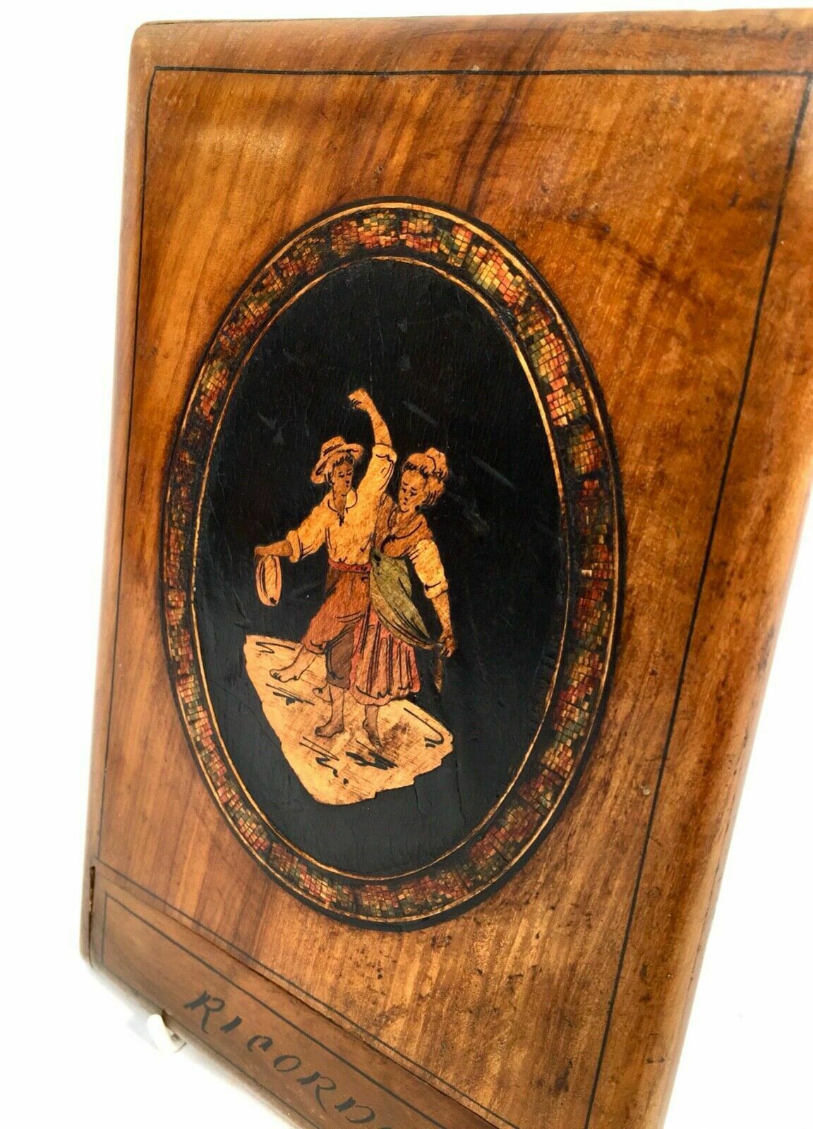 photo for sale Antique Wooden Olive Wood Sorento Ware Travel Mirror / Italian C.1900