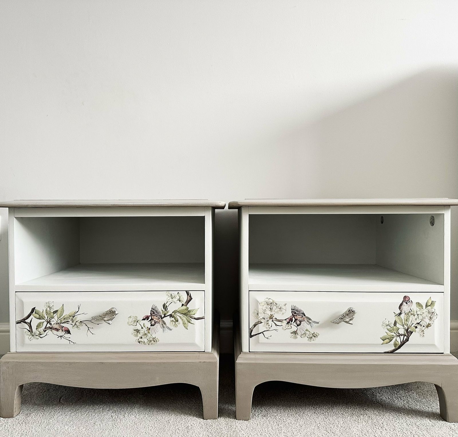 Set Of Bird Design Bedside Cabinets, Bedside Tables, Grey Cabinets, Hand Painted Drawers, Bedside Drawers, Stag Drawers, Upcycled photo for sale