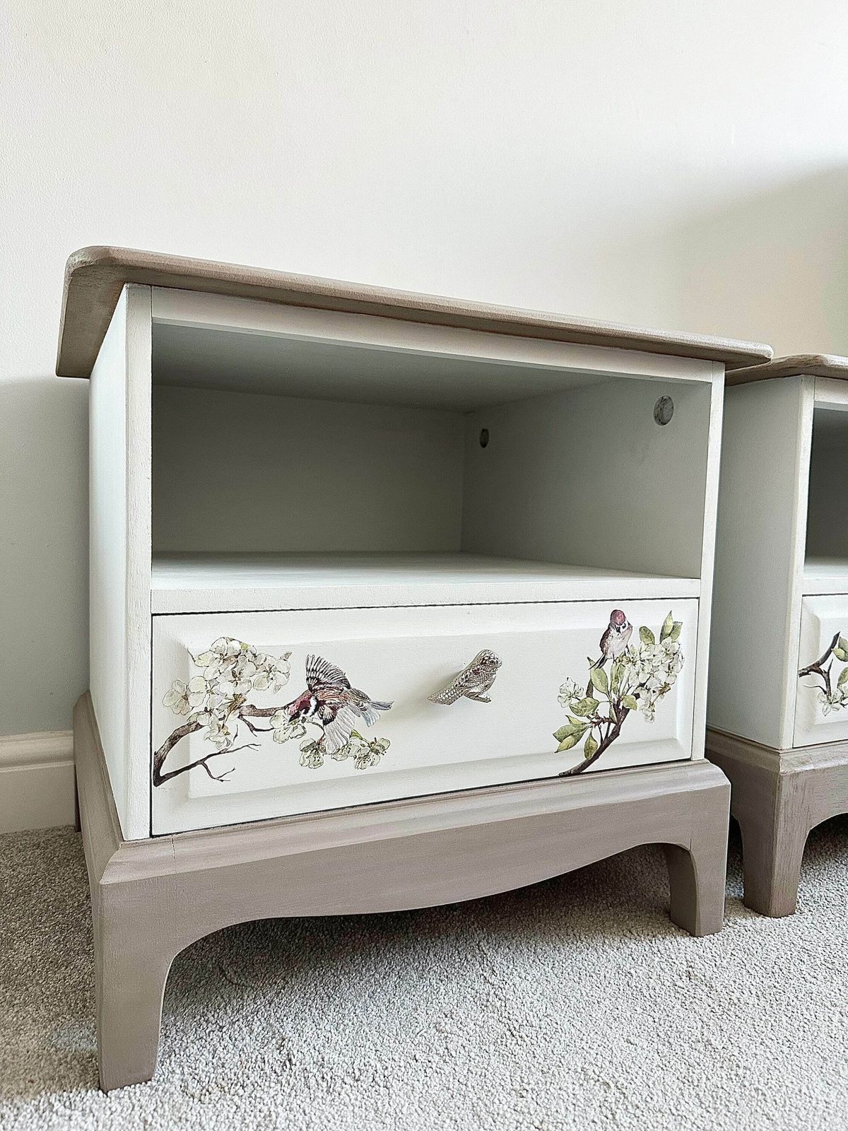 Set Of Bird Design Bedside Cabinets, Bedside Tables, Grey Cabinets, Hand Painted Drawers, Bedside Drawers, Stag Drawers, Upcycled photo 465.0