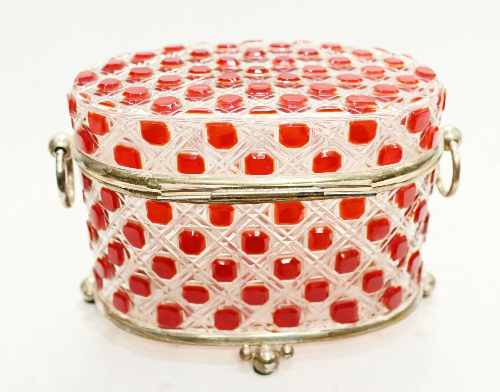 photo vintage Victorian Glass Casket Hobnail Cranberry Crystal Jewellery Box