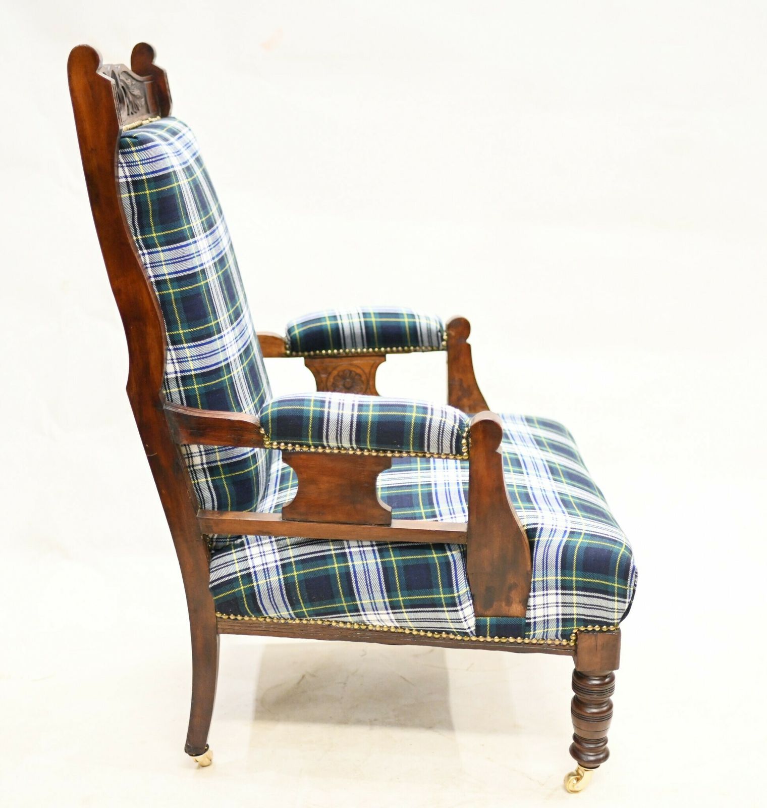 Edwardian Arm Chair Lounge Seat Tartan Print photo for sale