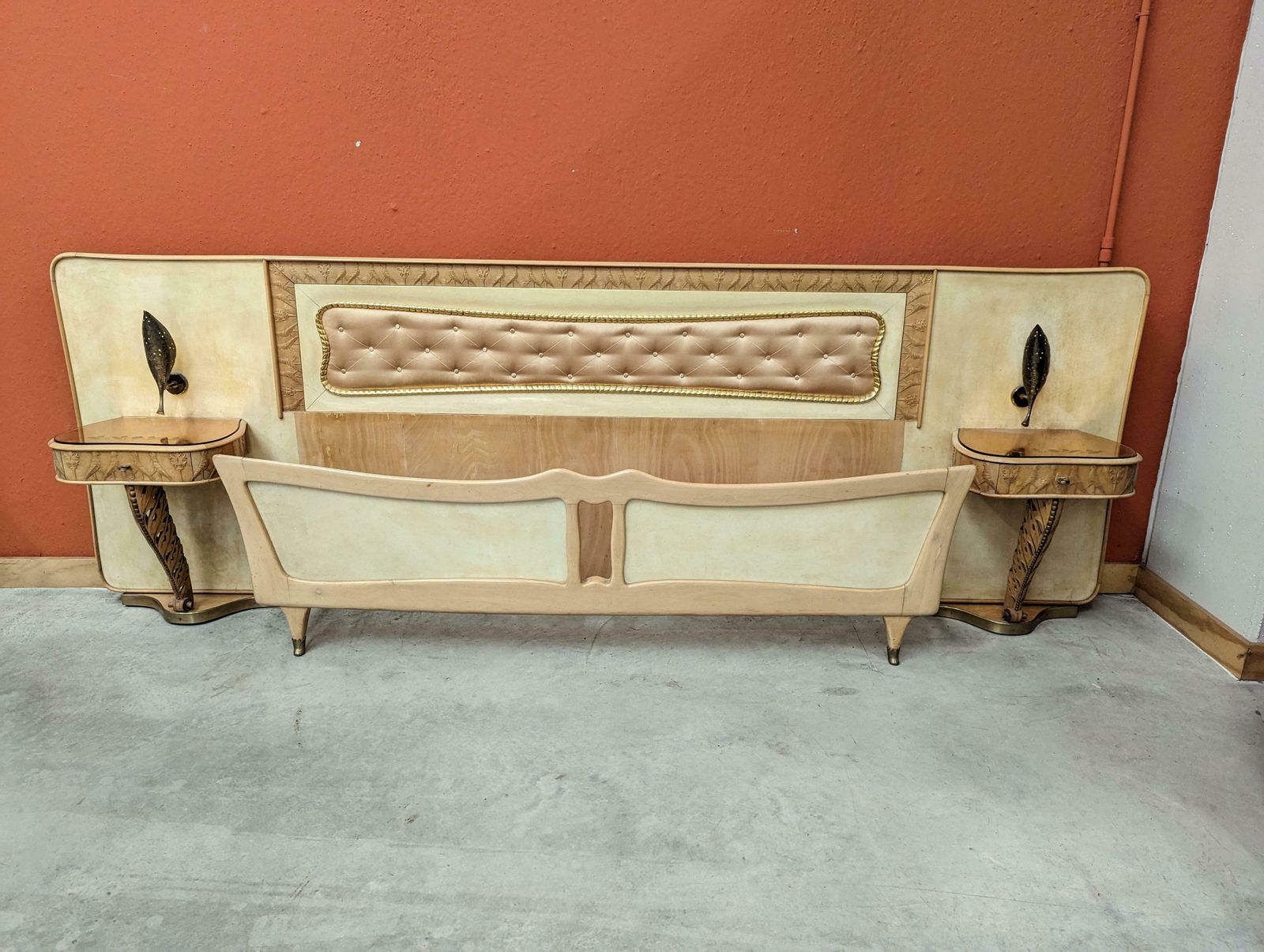 photo for sale Italian Midcentury Bed With Night Stands In Parchment By Pierluigi Colli, 1950s
