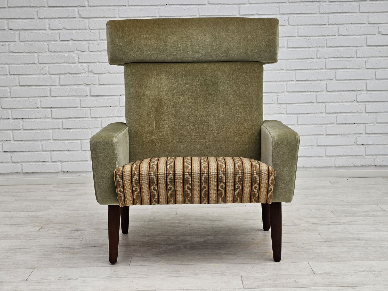 1970s, Danish Armchair, Original Condition, Furniture Velour, Woven Wool Fabric, Teakwood. photo Furniture