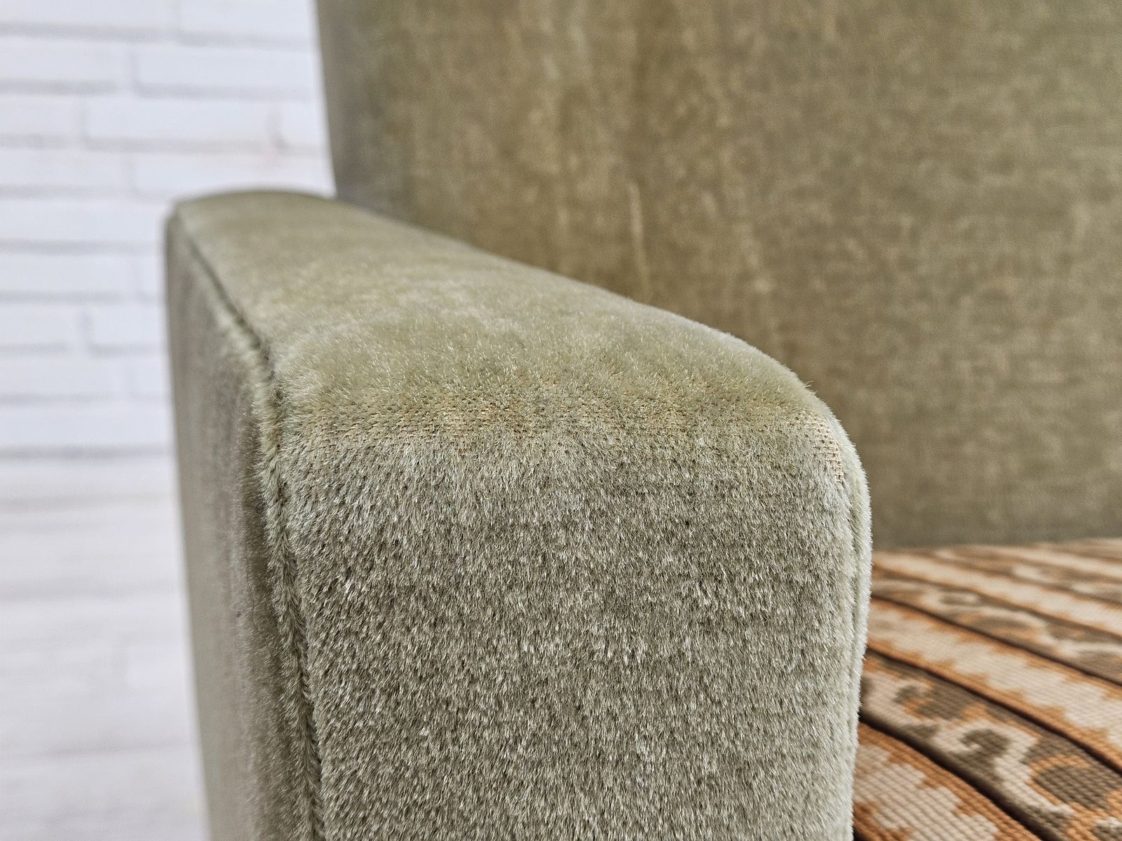 photo buy 1970s, Danish Armchair, Original Condition, Furniture Velour, Woven Wool Fabric, Teakwood.