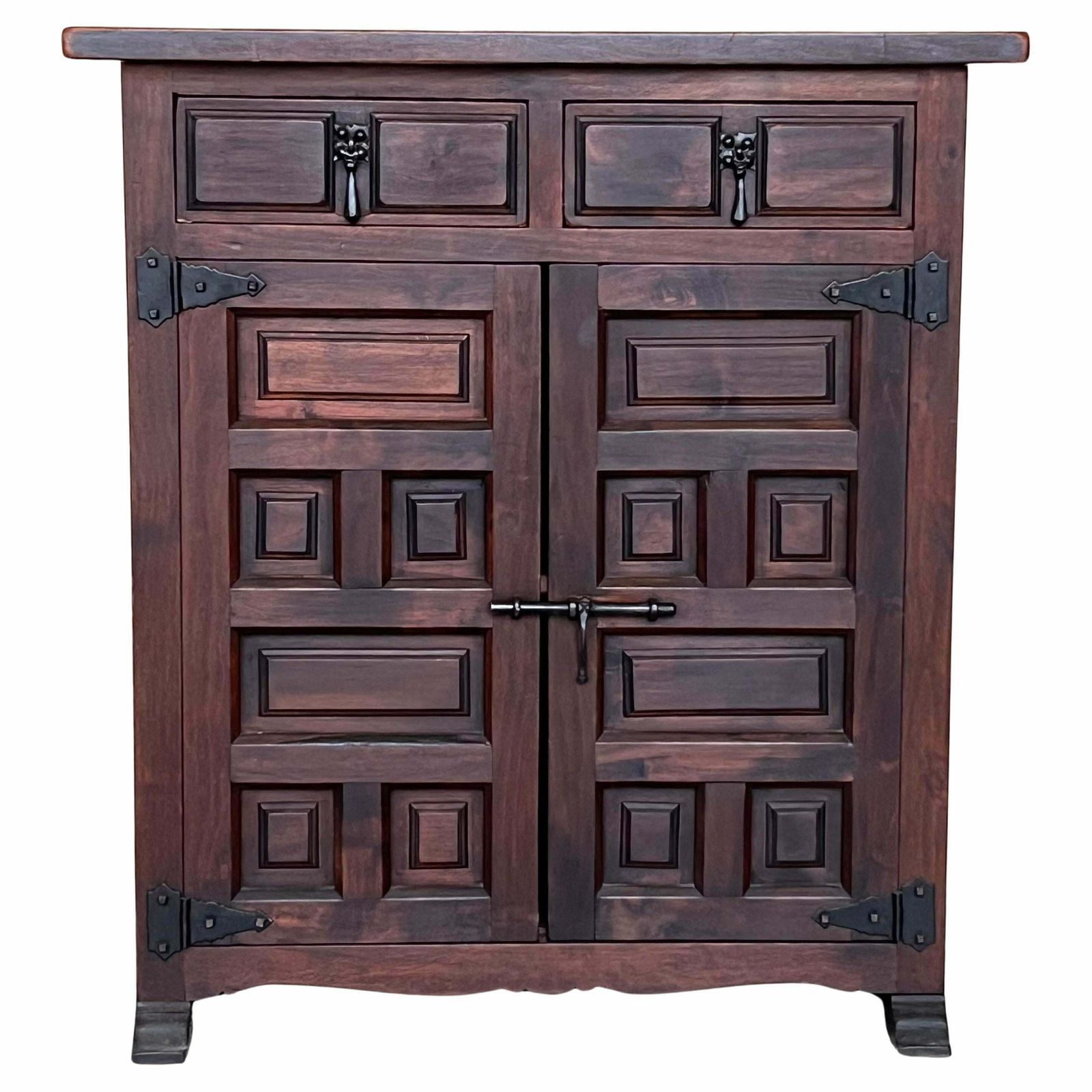 19th Spanish Baroque Carved Walnut Narrow Two Drawer Credenza Or Buffet