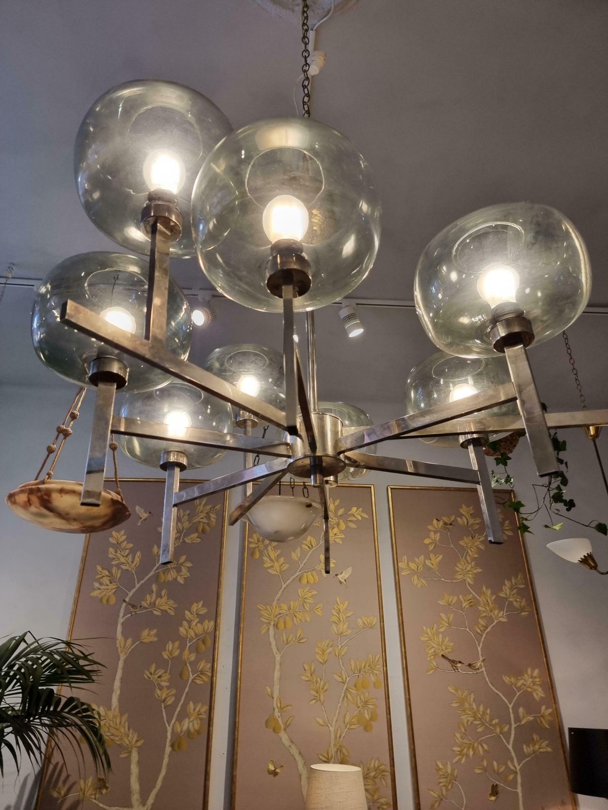 Holger Johansson, Chandelier, Scandinavian Modern / Midcentury, Chrome & Glass photo vintage