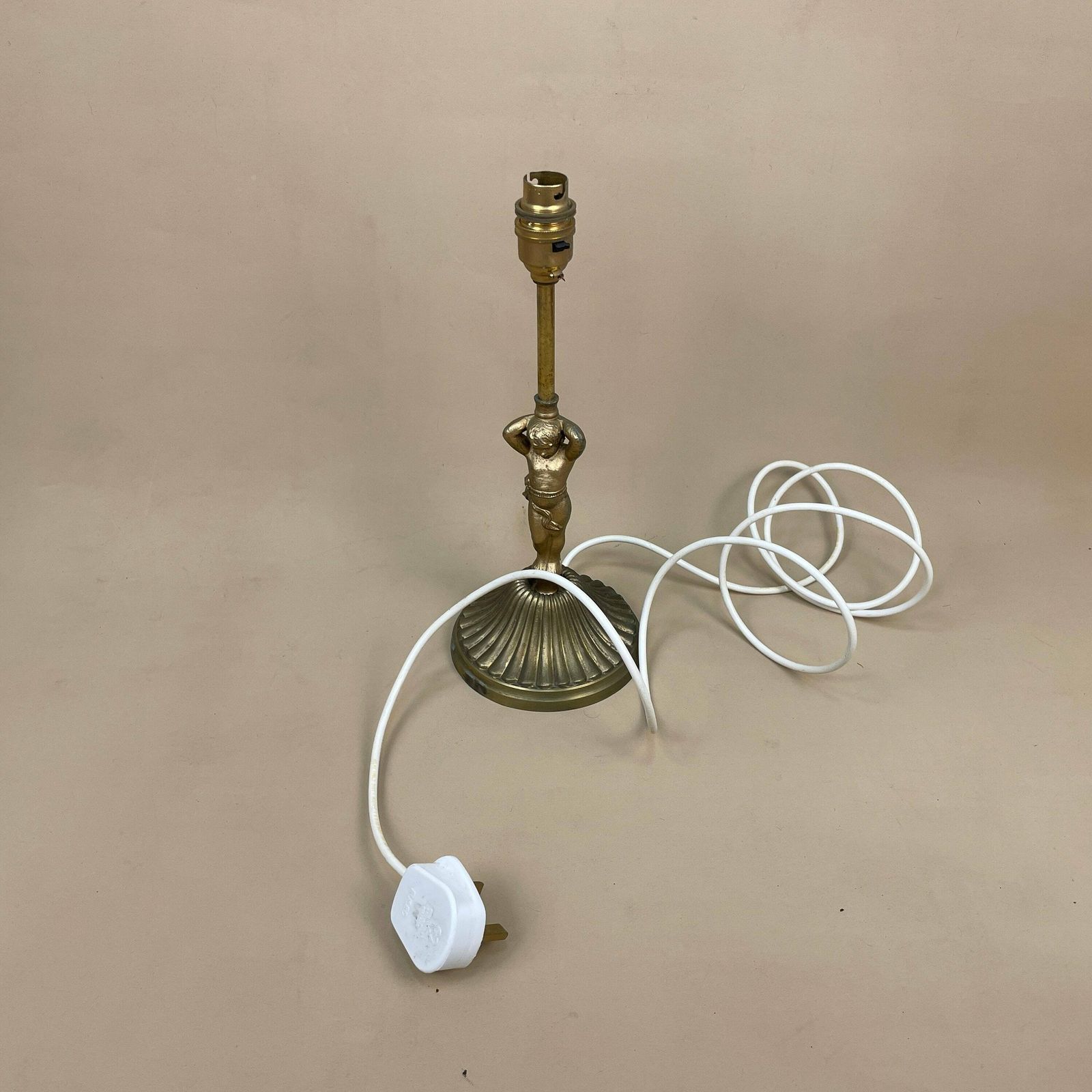 Antique Metal Gold Brass Lamp Light Bedside Side Table Desk Column Ornate Detail Round Base Antique Cherub Baby Vintage Pattern Patterned photo buy