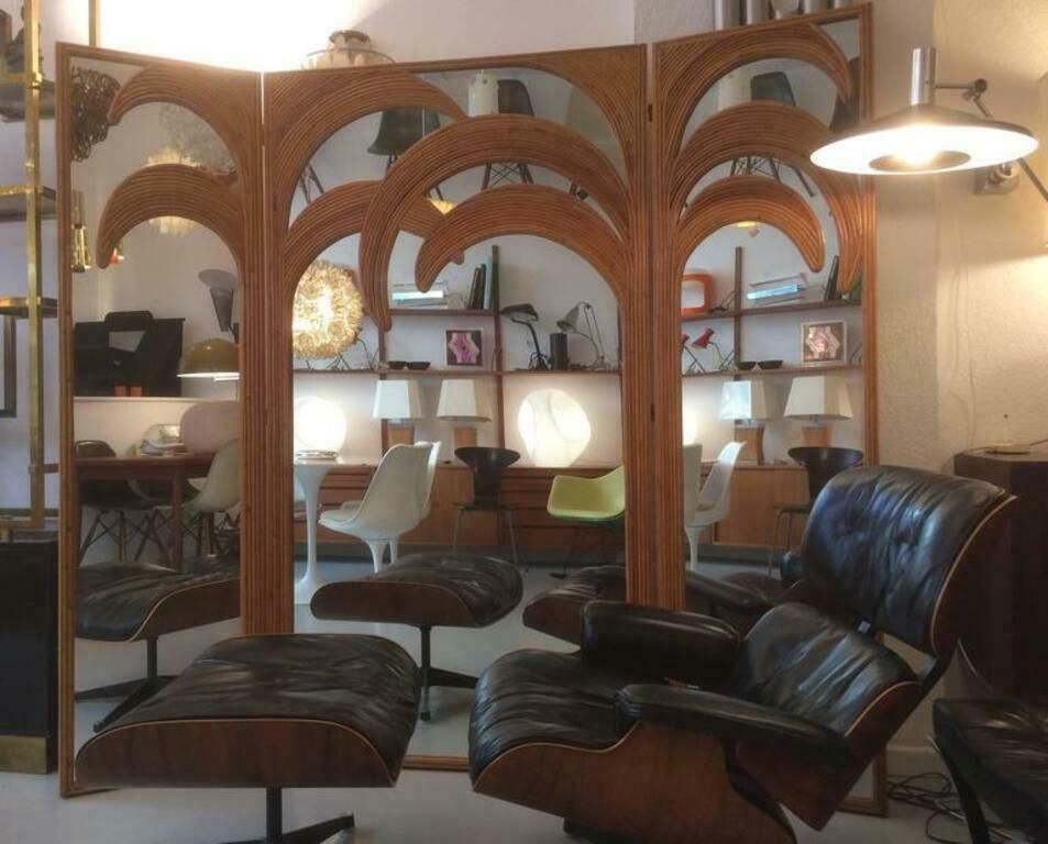 Signed Vivai Del Sud Bamboo Palm Trees Mirrored Screen, Italy, 1970s photo for sale