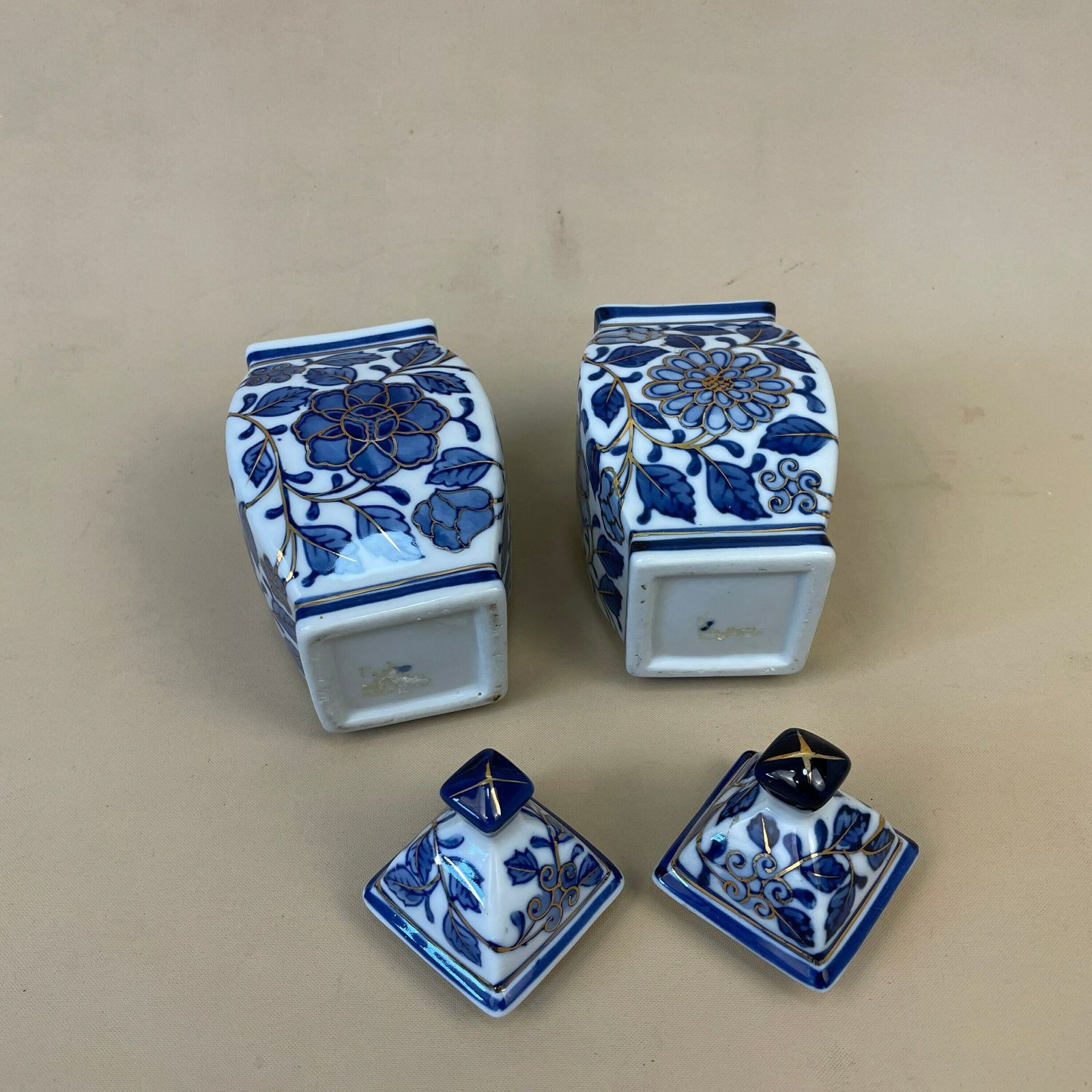 Pair Of 2 Oriental Chinese Vase Decorative Ceramic Pot Antique Asian Hand Painted Blue White Prunus Pattern Floral Lidded Lid Decorative photo buy