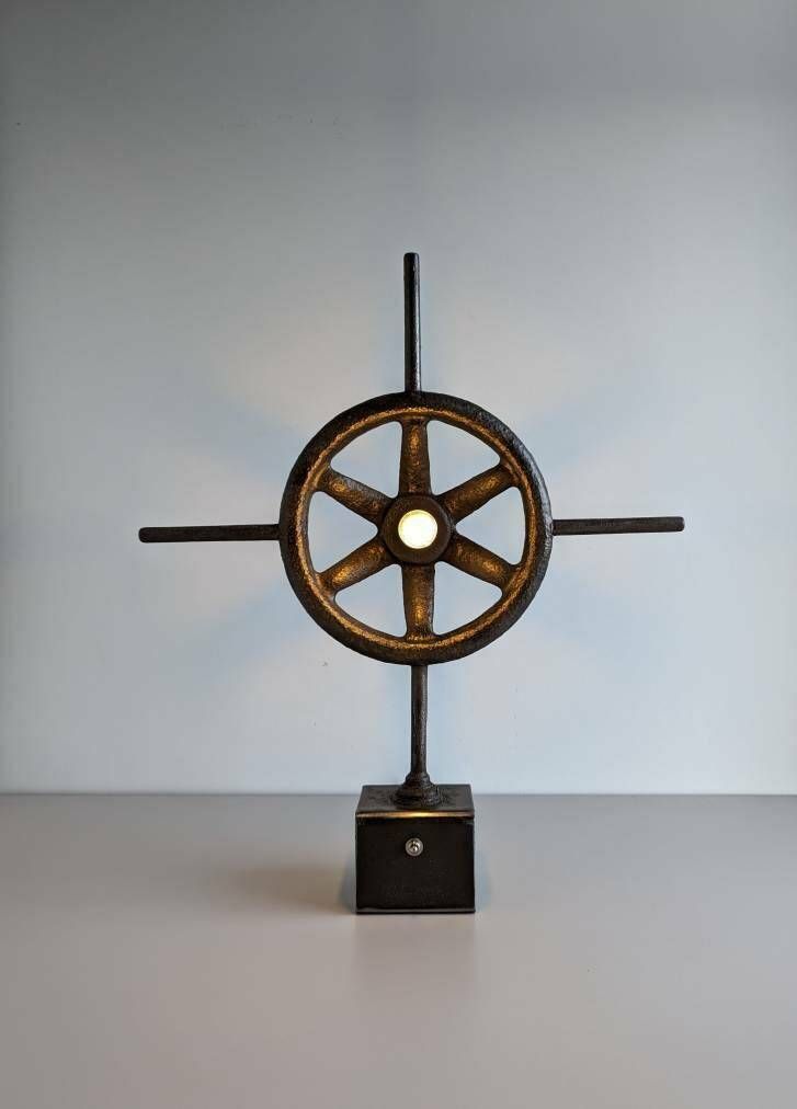Vintage Industrial Ship's Wheel Gate Valve Upcycled Into Accent Table Lamp