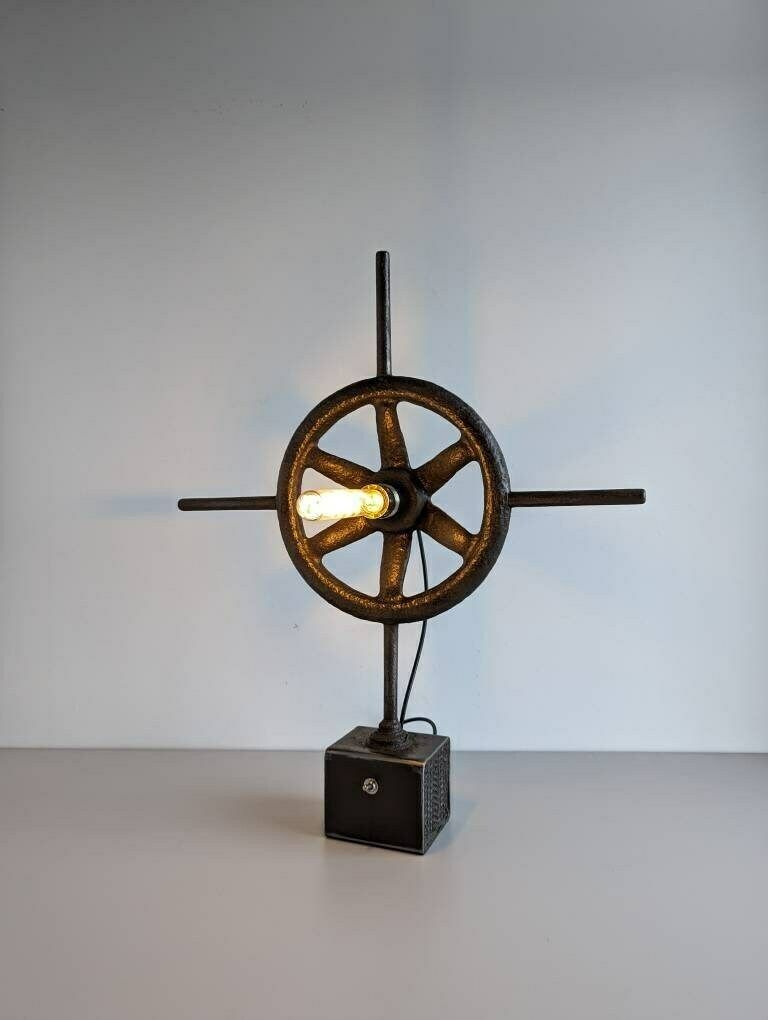 Vintage Industrial Ship's Wheel Gate Valve Upcycled Into Accent Table Lamp photo 220.0