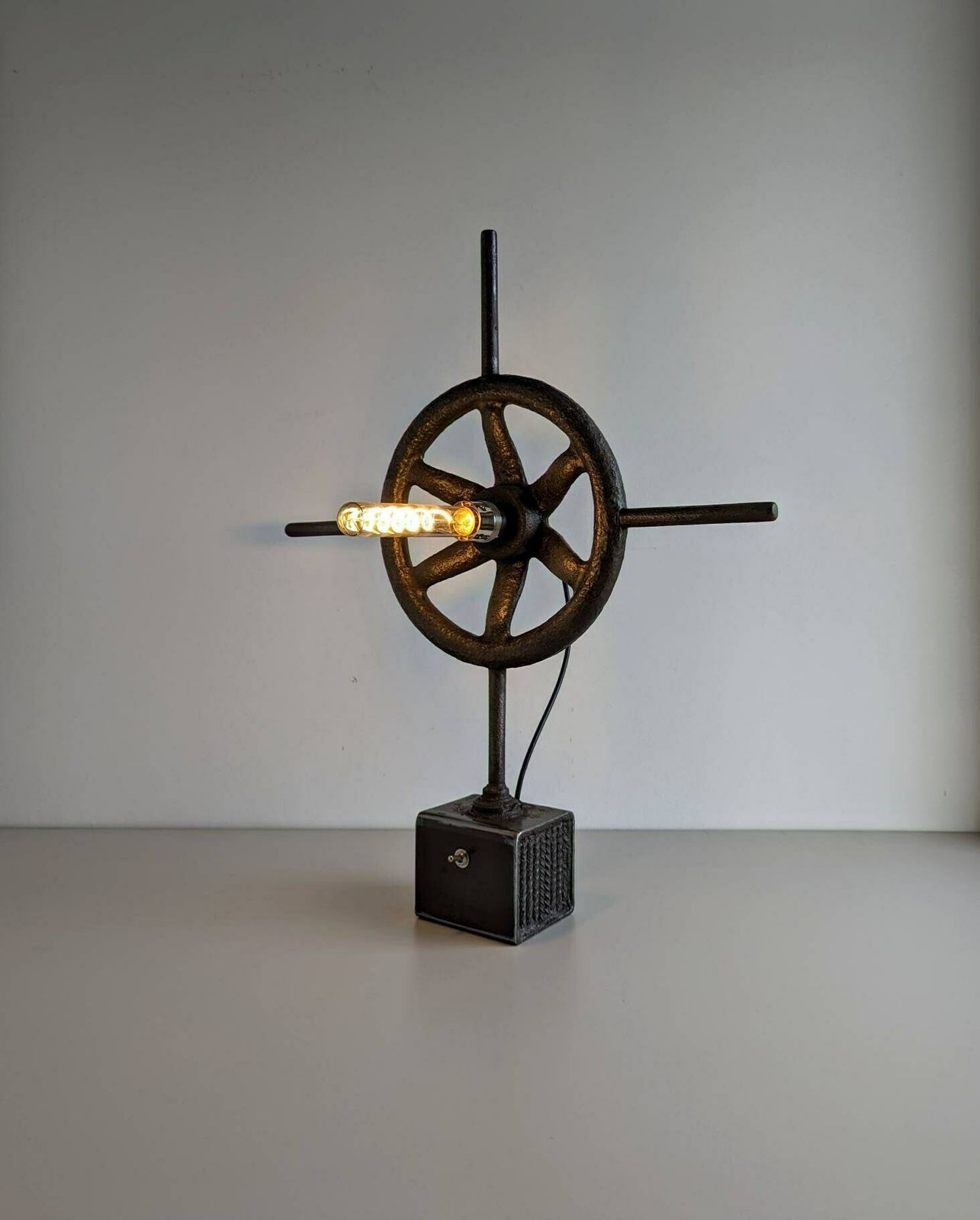 Vintage Industrial Ship's Wheel Gate Valve Upcycled Into Accent Table Lamp photo vintage