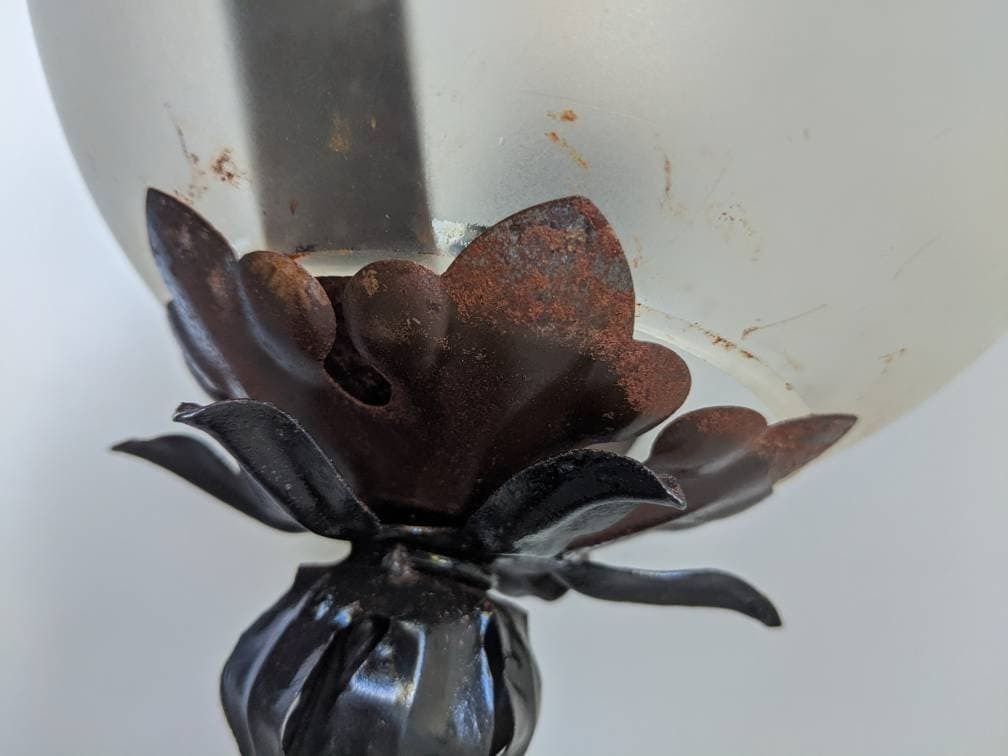 photo for sale Beautiful Italian Handmade Metal Flower Base & Etched Glass Globe Shade Table Lamp