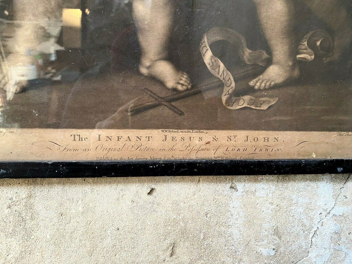photo vinterior The Infant Jesus & St. John Mezzotint 1772 Print By Thomas Burke   After Anthony Van Dyck  Published By William Ryland