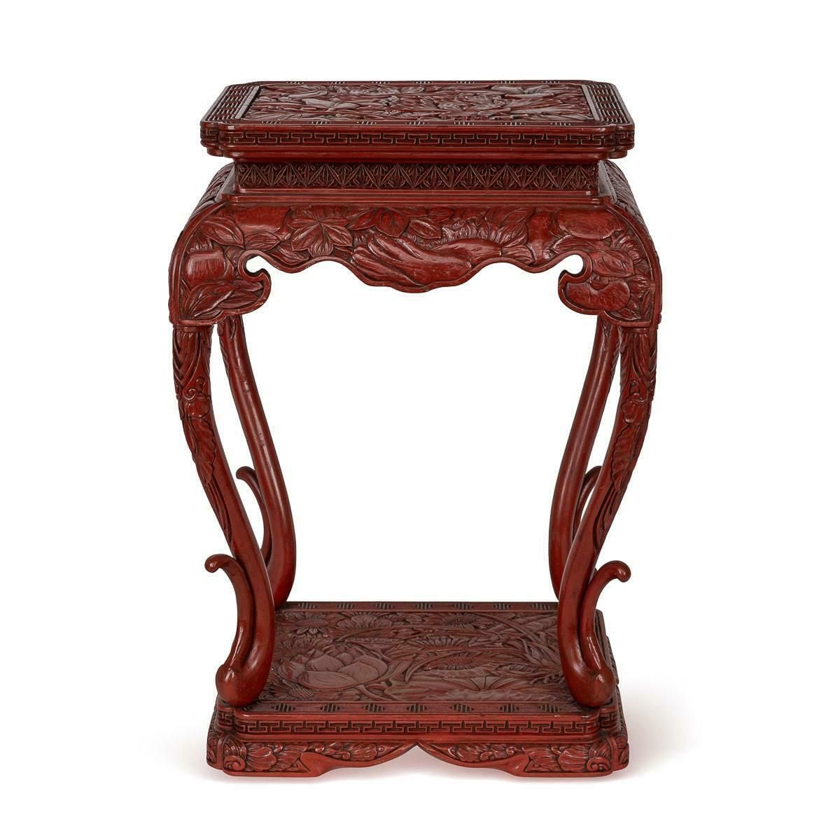 Antique 19th Century Chinese Red Cinnabar Lacquer Floral Pedestal C.1880 photo furniture