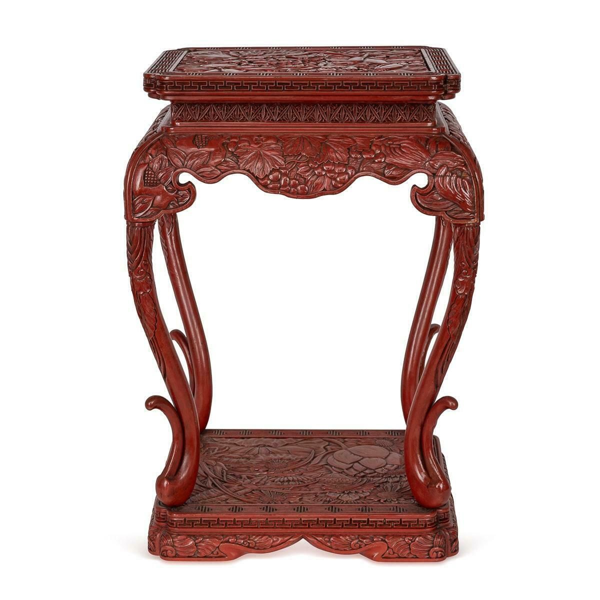 Antique 19th Century Chinese Red Cinnabar Lacquer Floral Pedestal C.1880 photo Home Decor