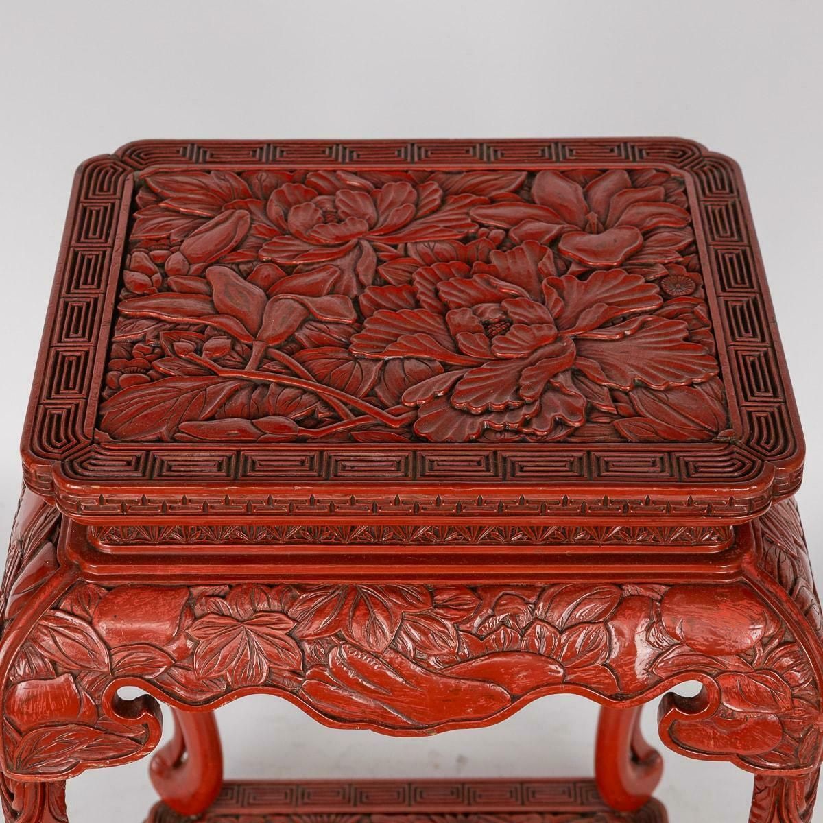 Antique 19th Century Chinese Red Cinnabar Lacquer Floral Pedestal C.1880 photo vintage