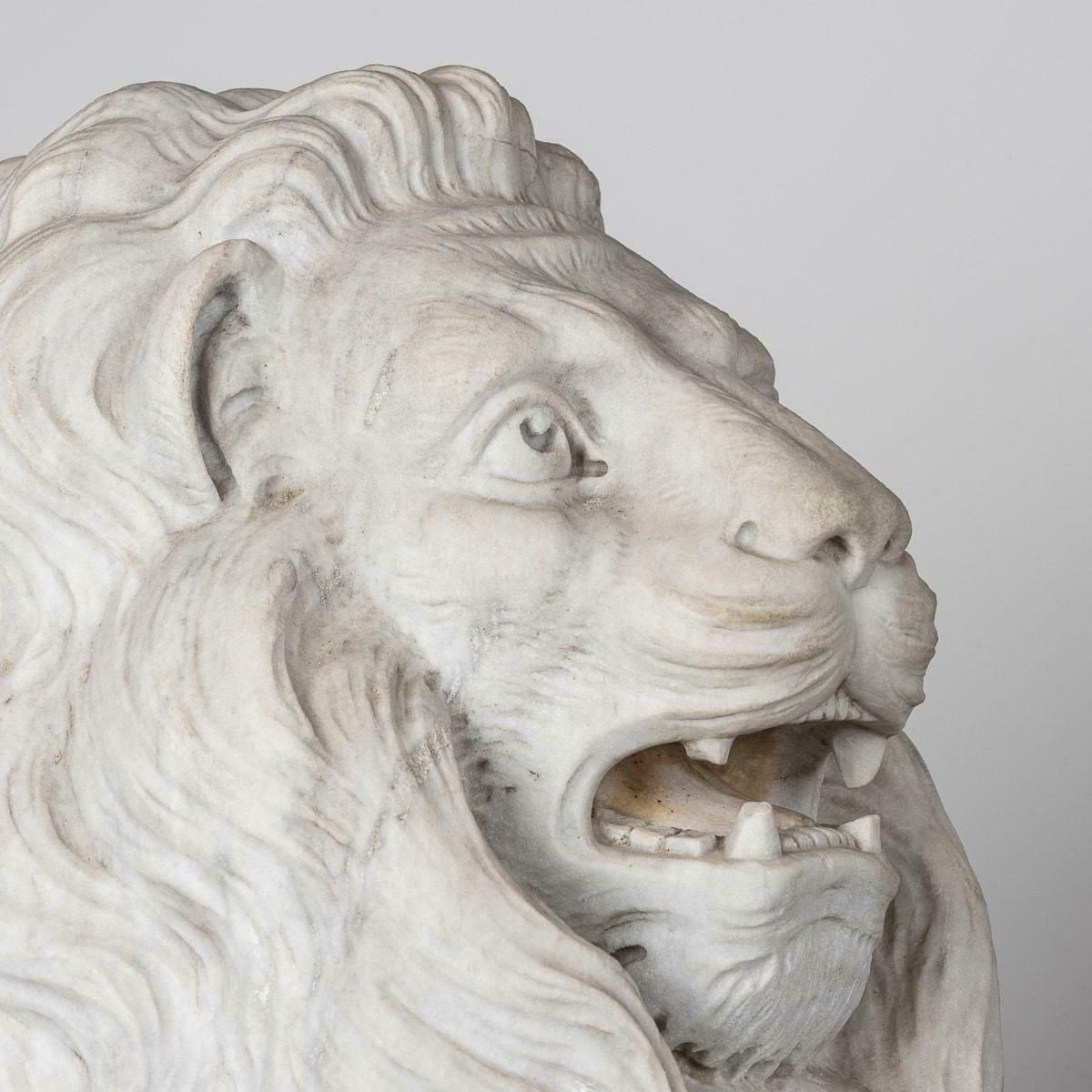 photo for sale Antique 19th Century Italian Pair Of Marble Lions With Heraldic Shield C.1880