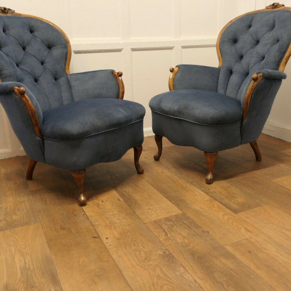 Pair Of French Blue Button Back Salon Chairs photo furniture