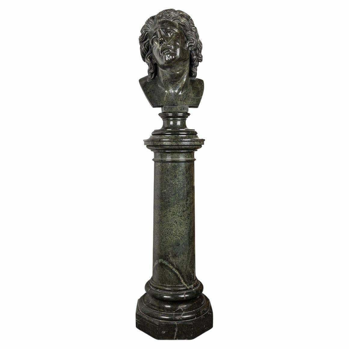 Antique 20th Century Italian Green Marble Life Size Bust On Stand C.1900