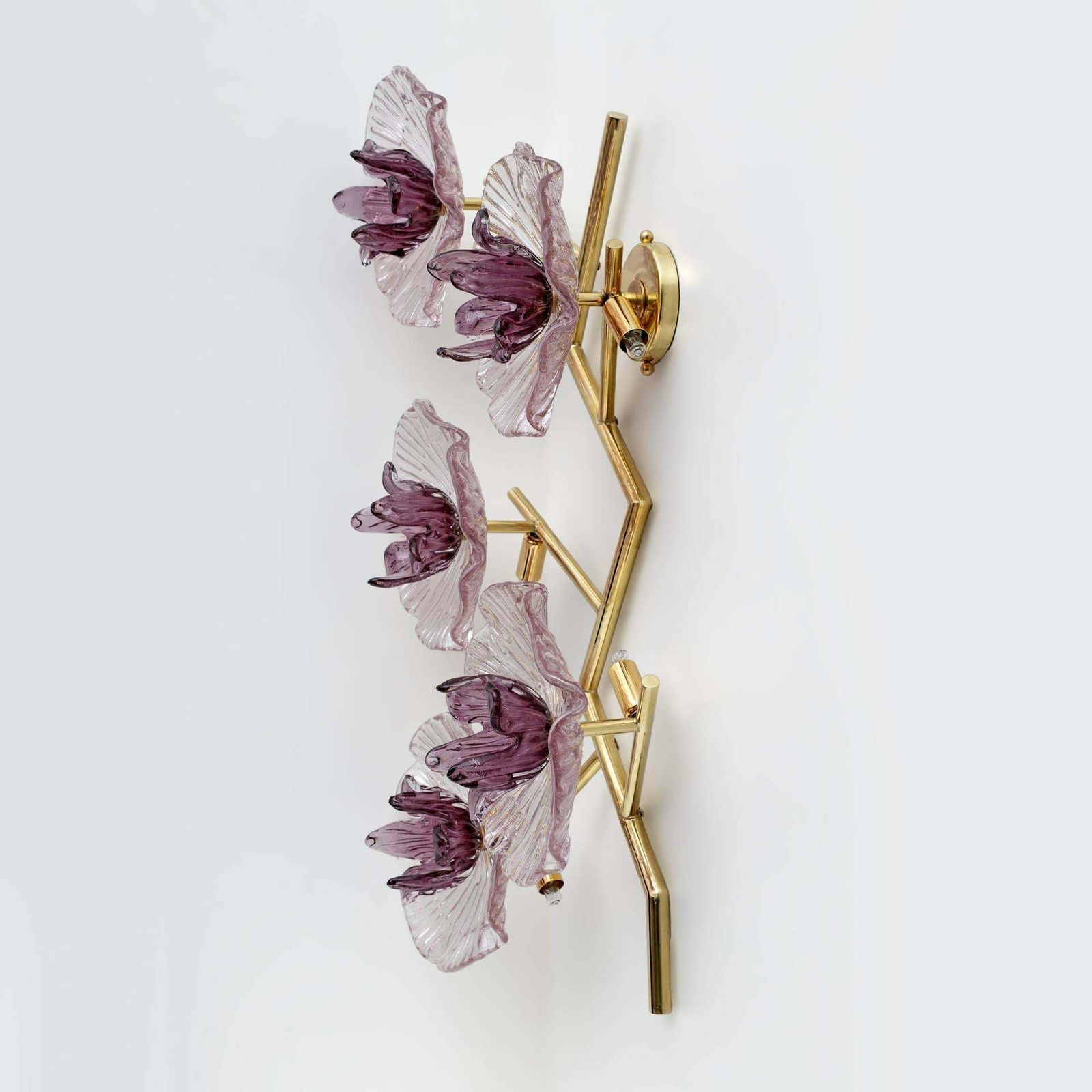 Pair Of Modern Italian Murano Glass And Brass Flowers Wall Lamps photo vinterior