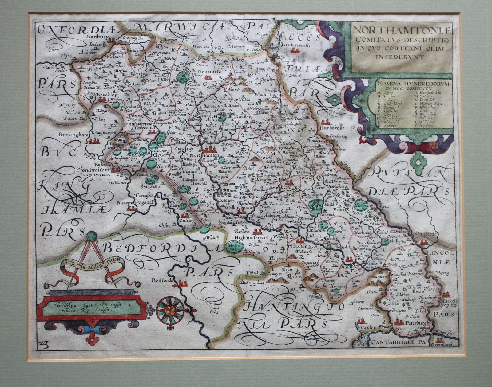 Antique 17th Century Map ‘Northamptoniae (Northamptonshire) Comitatus Descriptio In Quo Coritani Olim Insederunt’  By William Kip  Christopher Saxton photo furniture