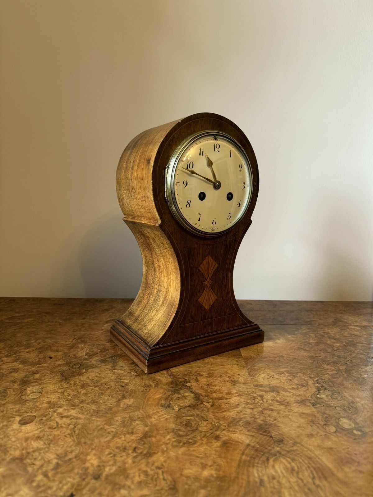 Wonderful Quality Edwardian Mahogany Inlaid Balloon Shaped Mantle Clock photo for sale