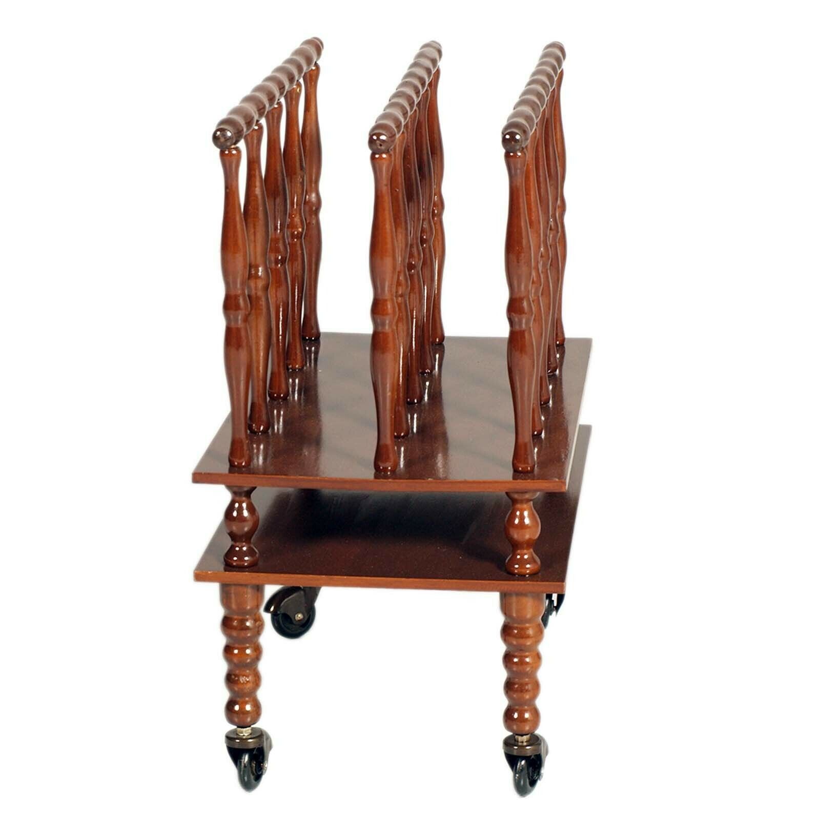 Early 1900s Walnut Magazine Rack With Spool Legs On Swivel Wheels, Wax Polished photo for sale