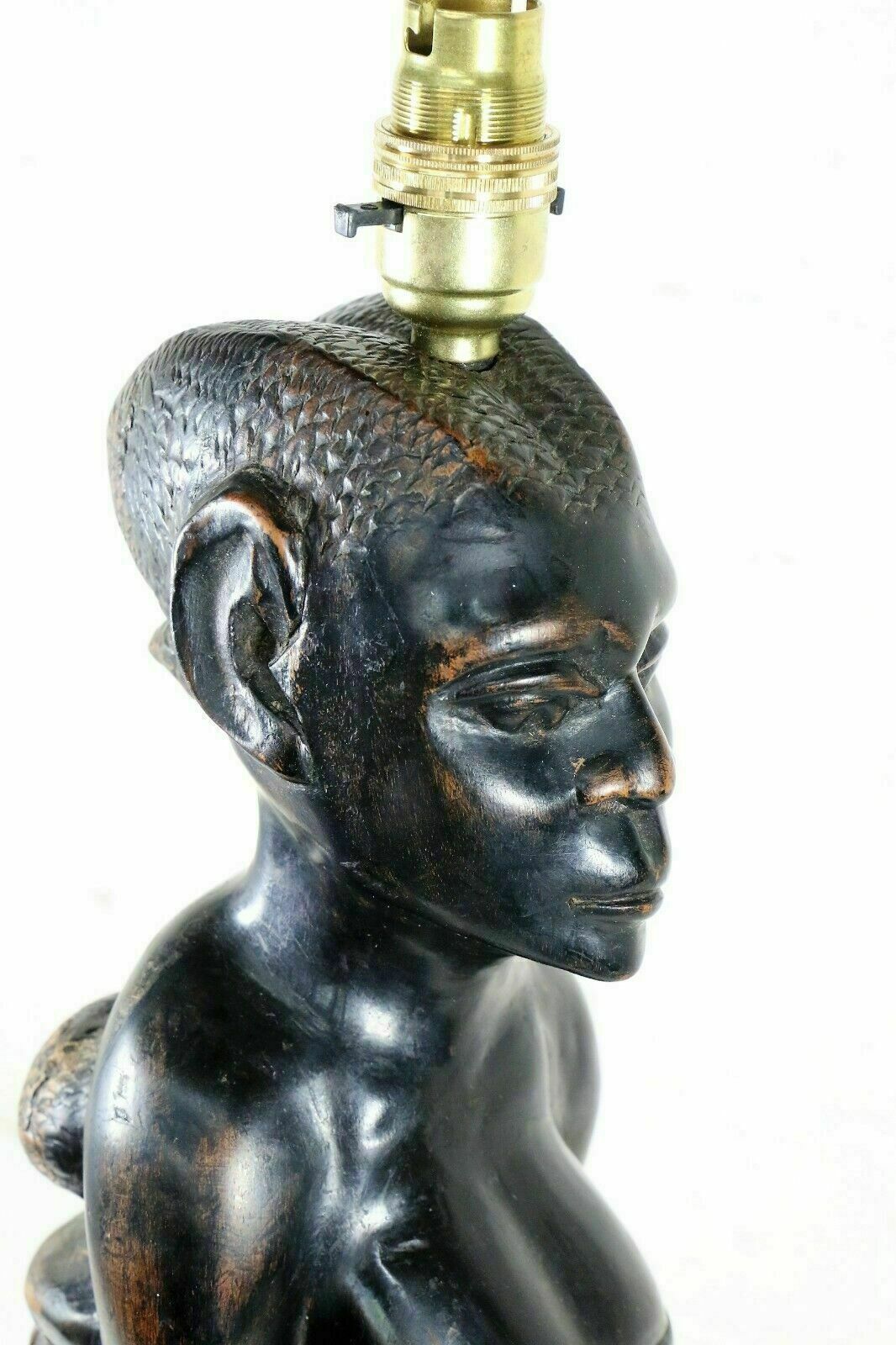 African Figure Carved Ebonised Wood Table Lamp Ethnic Early 20th C Excellent photo for sale