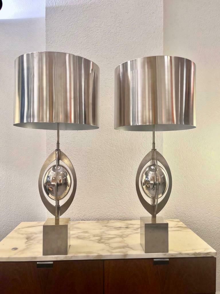 Pair Of Vintage "Ogive" Stainless Steel Table Lamps By Maison Charles Ca. 1970s photo furniture