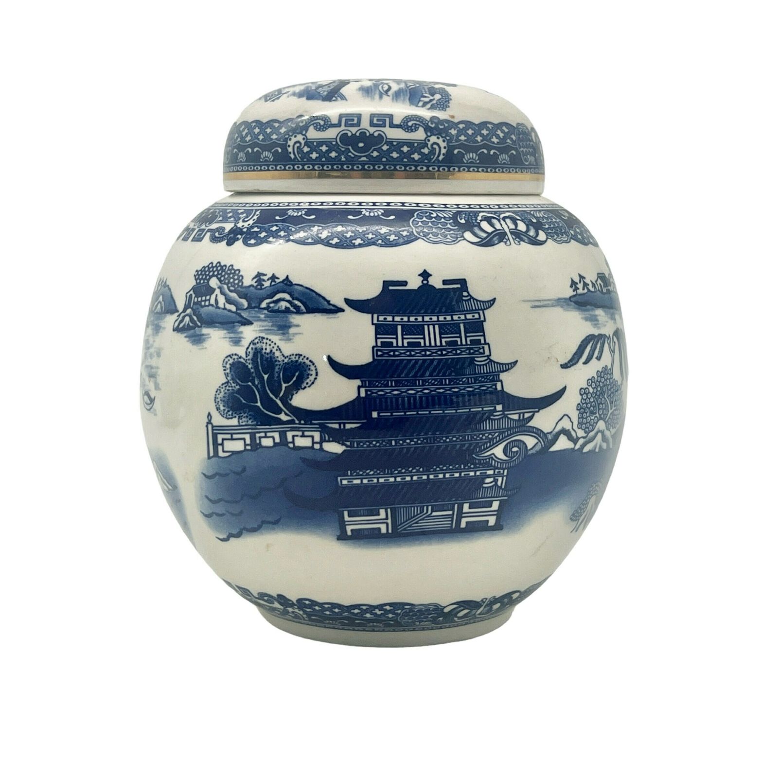 Vintage Ringtons Limited Ceramic Tea Caddy   Newcastle Upon Tyne   Blue & White Pagoda Design   Kitchenalia