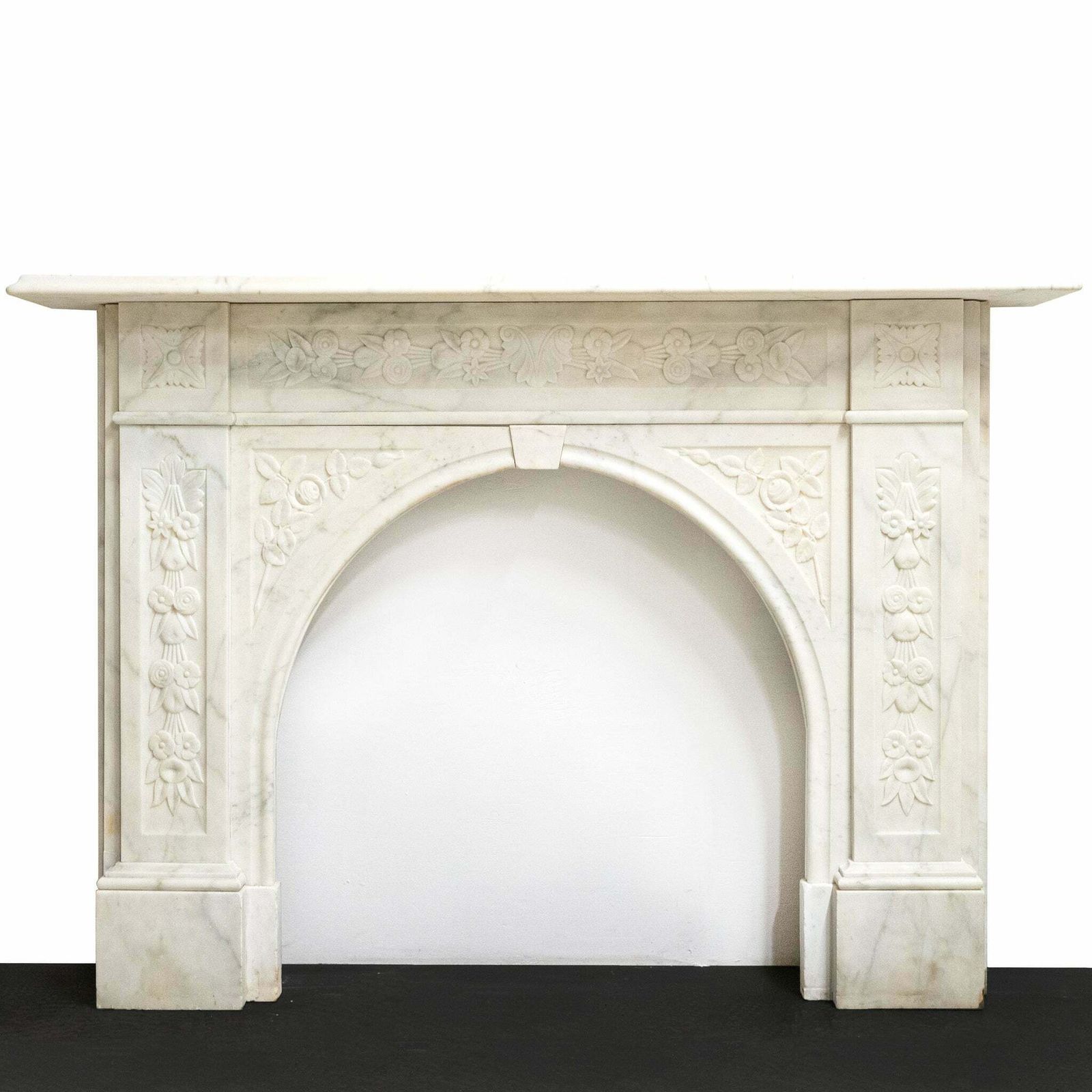 Antique Victorian Carved Statuary Marble Arched Chimneypiece
