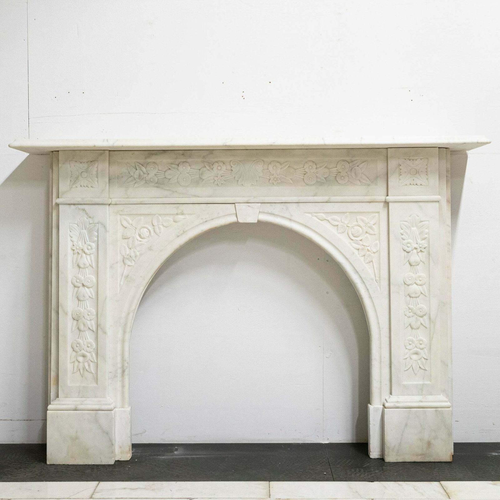 photo furniture Antique Victorian Carved Statuary Marble Arched Chimneypiece