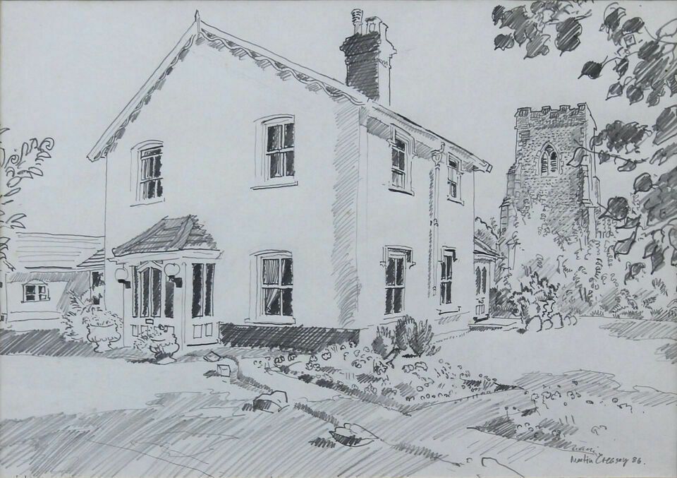 Pencil Sketch Of A House And Chruch By Martin Creasey Possibly St Mary's Aspall photo furniture