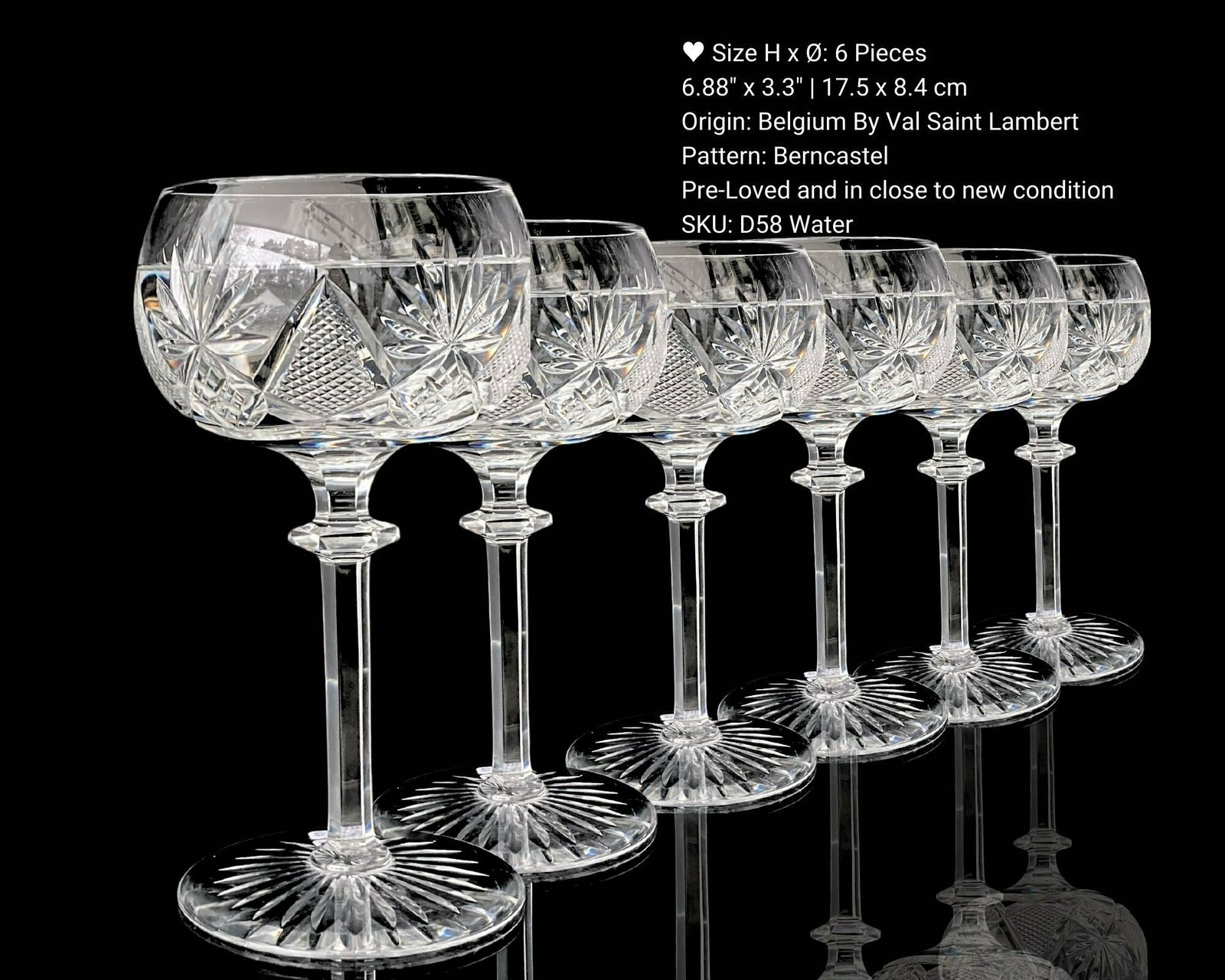 Val Saint Lambert Berncastel | Clear Crystal Glassware | Select Water, Wine Or Port | Approx 1950s photo for sale