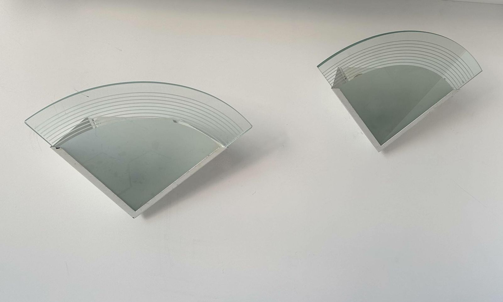 photo for sale Pair Of Vintage Wall Lights, White Lacquered Metal And Sandblasted Glass,