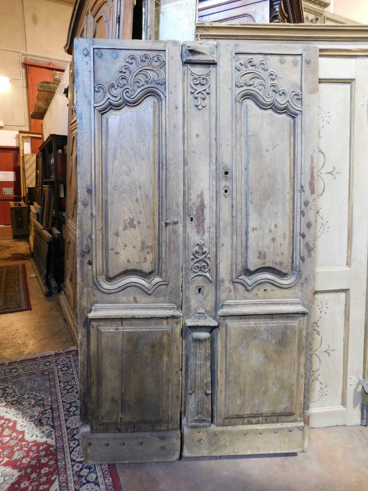 Entrance Door, Double Hinged Doorway With Wavy Carved Panels, Oak, France photo for sale