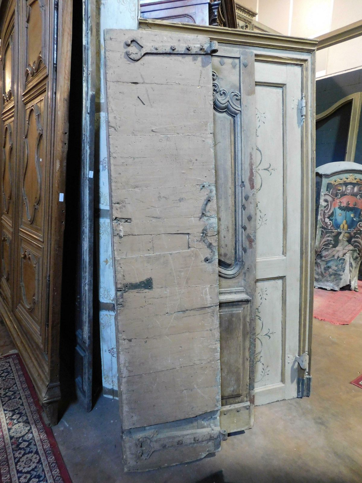 photo for sale Entrance Door, Double Hinged Doorway With Wavy Carved Panels, Oak, France