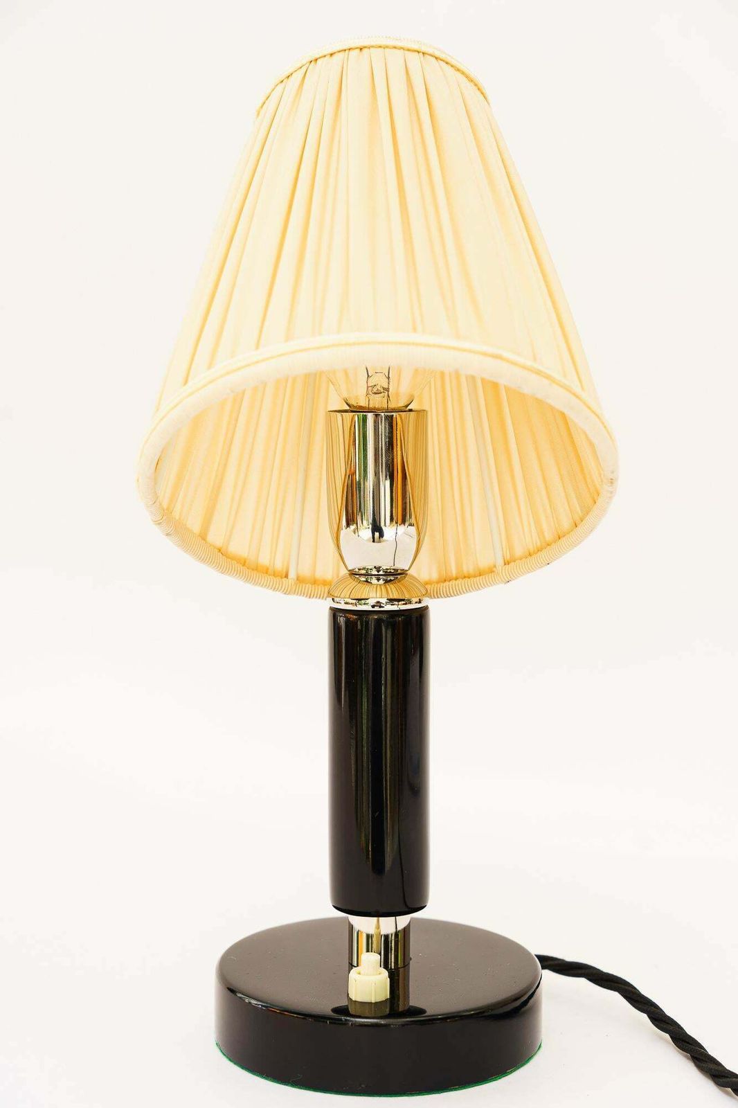 Art Deco Nickel Plated Wooden Table Lamp With Fabric Shade Around 1920s photo furniture