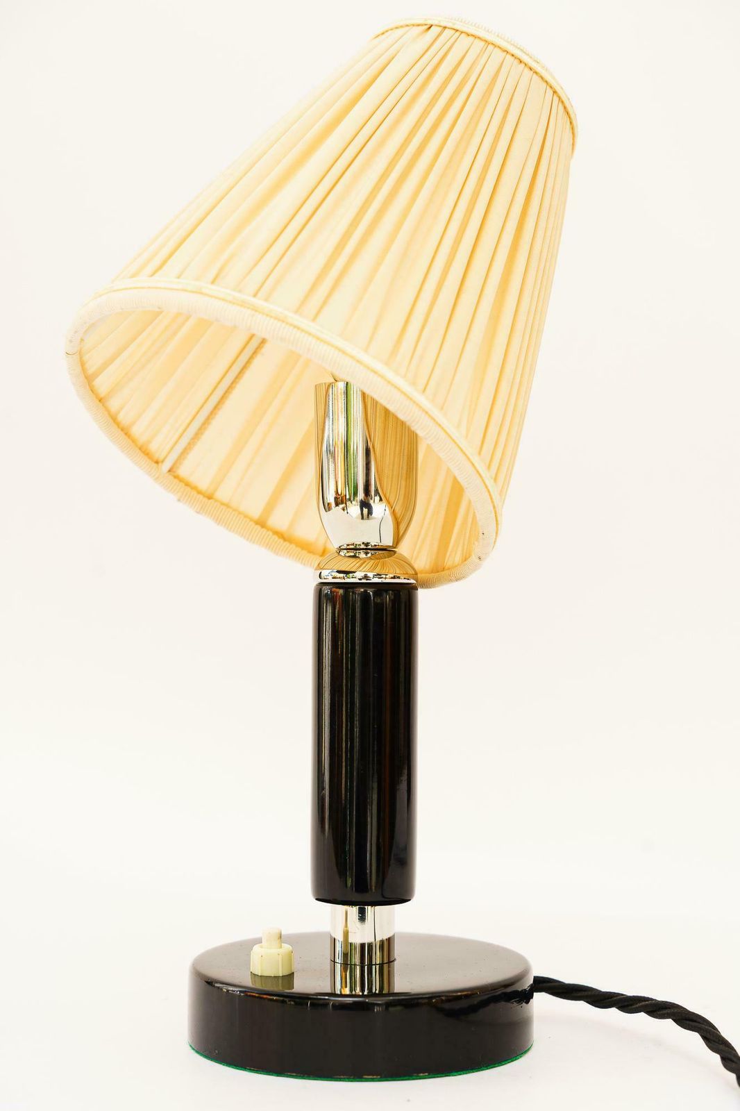Art Deco Nickel Plated Wooden Table Lamp With Fabric Shade Around 1920s photo for sale
