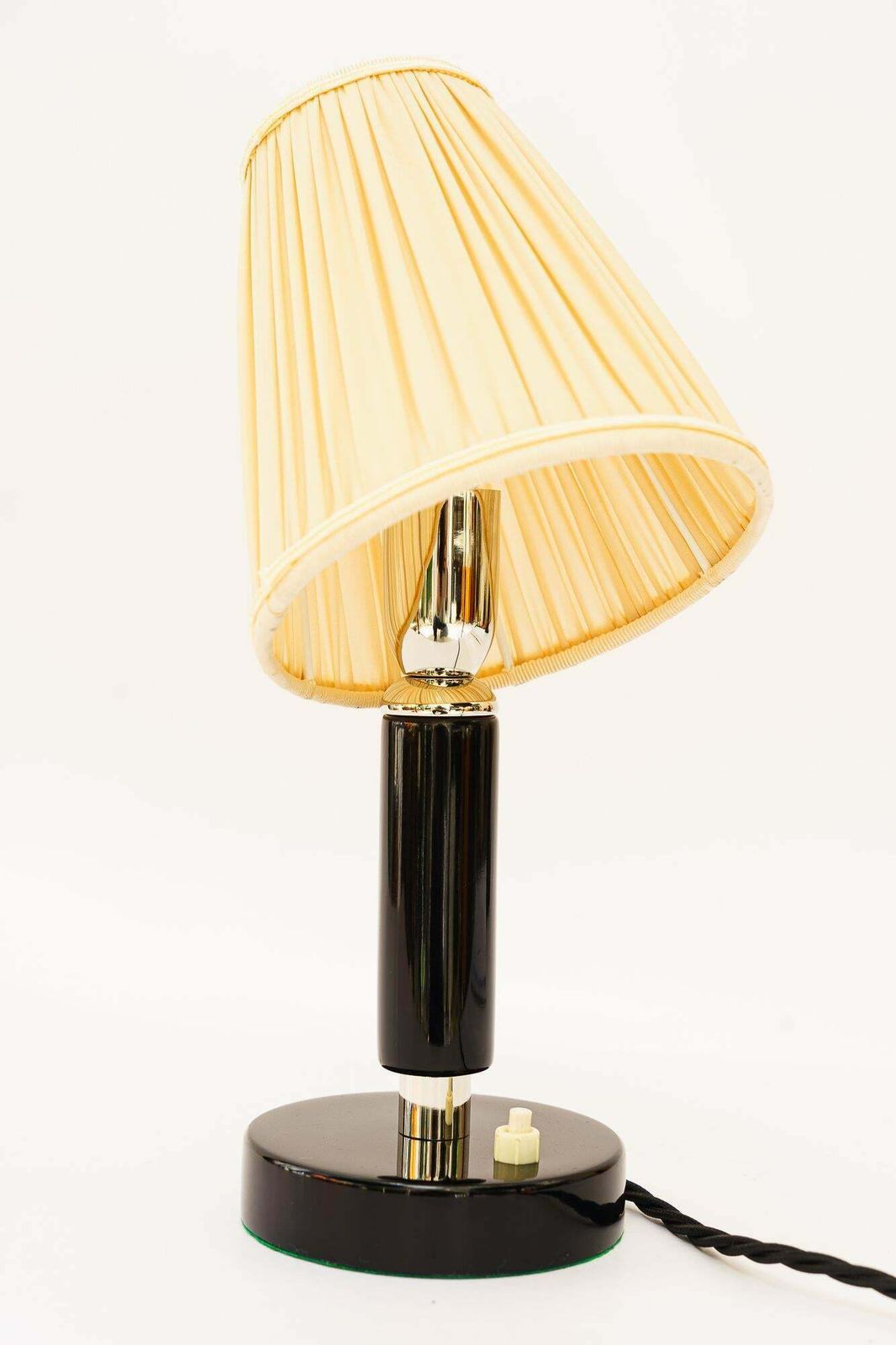 Art Deco Nickel Plated Wooden Table Lamp With Fabric Shade Around 1920s photo Lighting