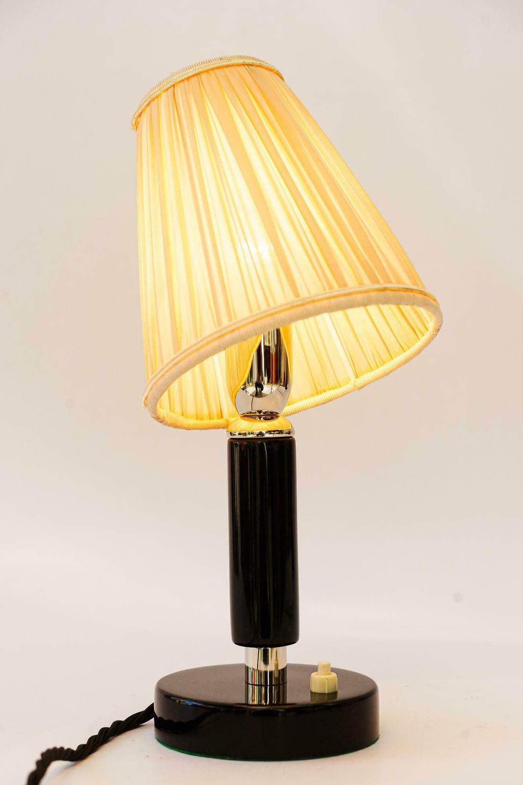 Art Deco Nickel Plated Wooden Table Lamp With Fabric Shade Around 1920s photo vintage