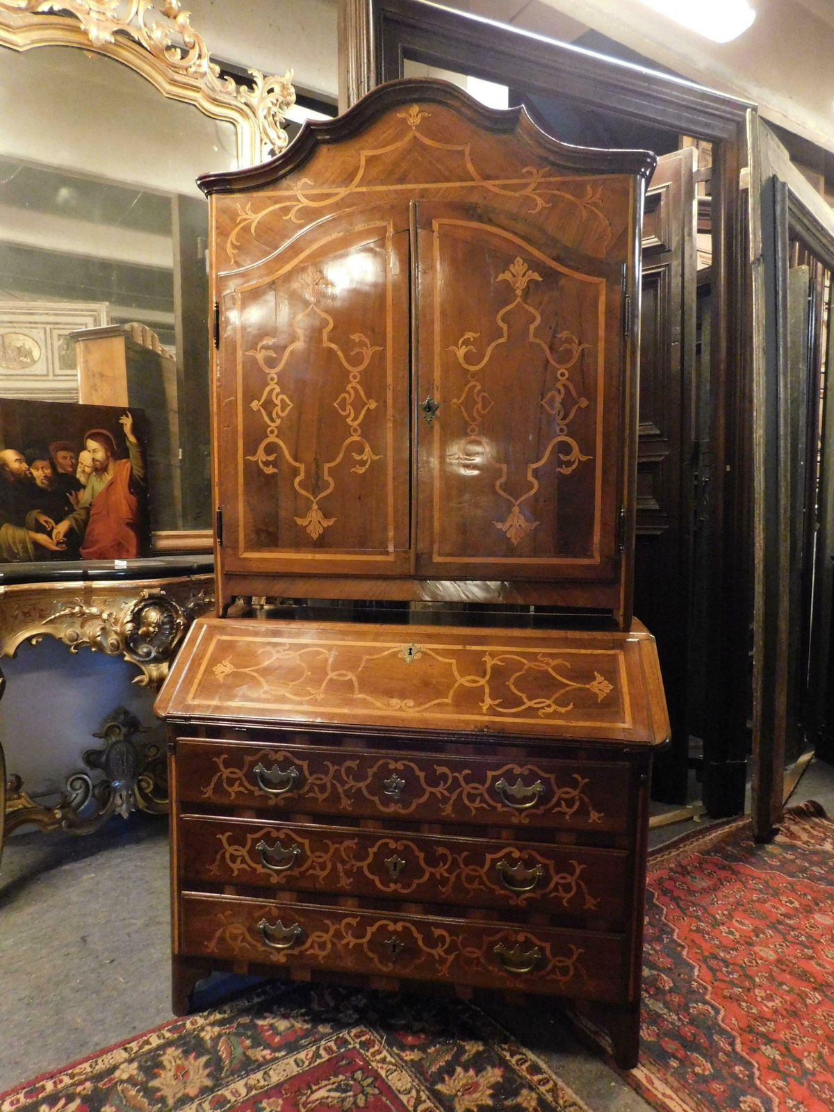 Trumeau Cabinet In Walnut Richly Inlaid, Italy photo furniture