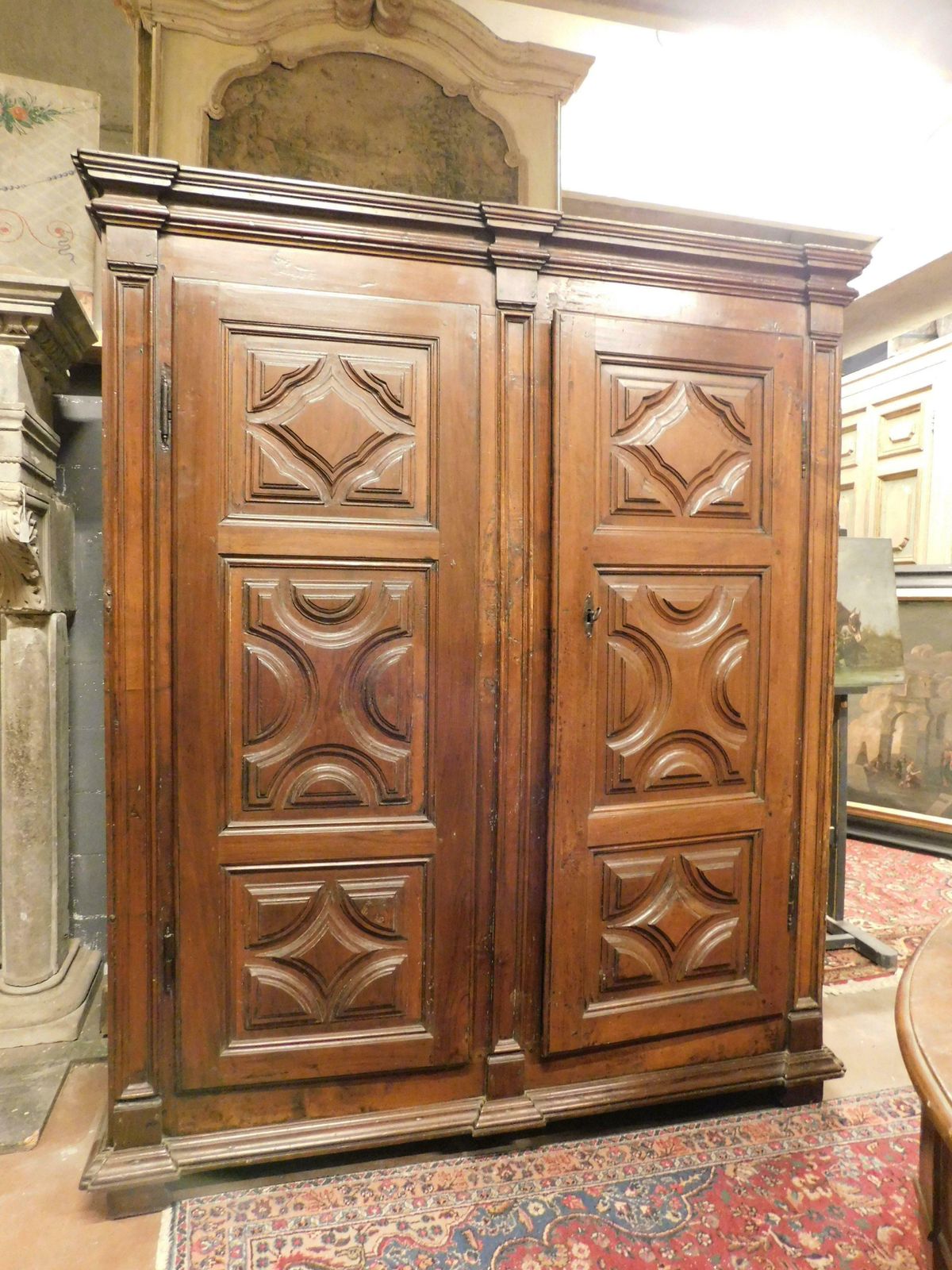 Two Door Wardrobe Armoires In Carved Walnut Wood, Italy photo vintage